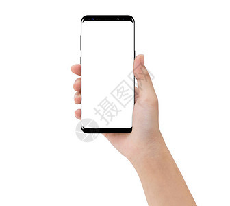 在白色模拟智能手机空白屏幕上隔离的近身手触摸移动电话图片