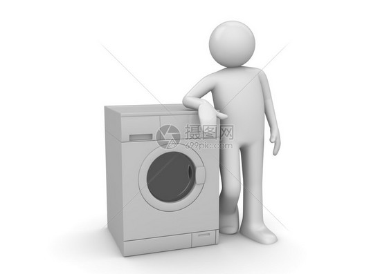 男人靠在洗衣机上3D孤立于白色背图片