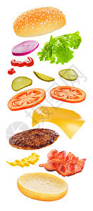 带奶酪培根泡菜番茄洋葱和白底生菜的背景图片