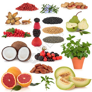 坚果干果和新鲜水果草药和豆类等健康超食品收集图片