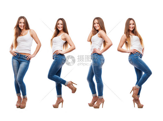 穿着牛仔裤的漂亮年轻女人姿势的集合图片