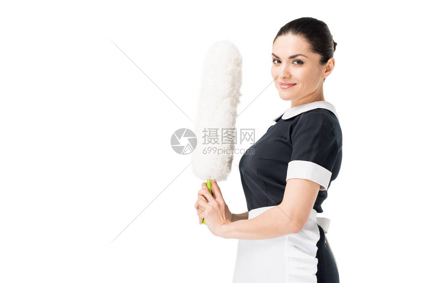 身穿制服的微笑女佣穿着制服用白色图片