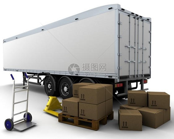 货运拖车和运输箱的3D渲染图片