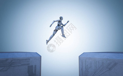 3d渲染机器人在建筑物之间跳跃图片