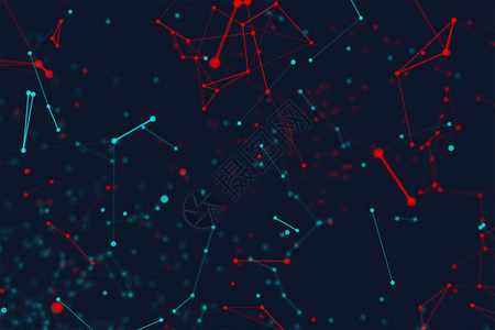 黑色背景下未来技术概念中的蓝色和红色数字据和网络连接三角形线和球体图片