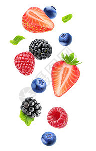 落下的黑莓覆盆子蓝莓草莓果实和薄荷叶图片