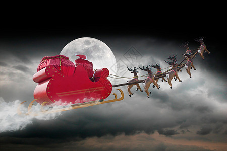 圣诞老人骑着雪橇在阴云的夜图片