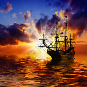 帆船反对美丽的红色风景图片