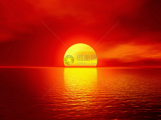 在海洋的猩红色日落3D渲染场景图片