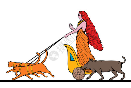 北欧餐桌FreyaNorse爱与美的女神骑着一辆由两只猫和野猪拖拉的马车插画