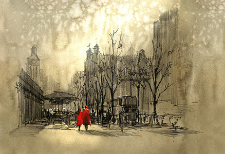 在城市街道上行走的一对情侣红色双行走在街图片