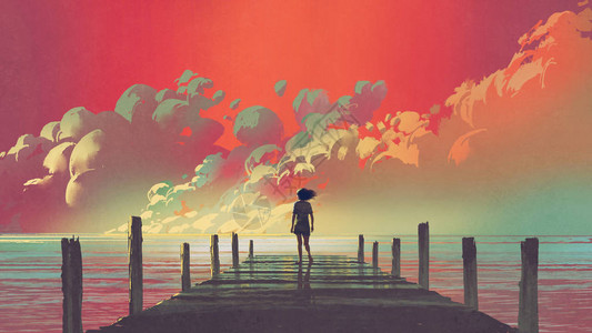 女人的美丽风景独自站在木制码头上看着天空多彩的云朵数字艺术风格图片