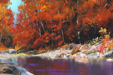 秋林中的河流山水画图片