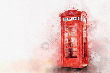 经典红色电话亭水彩色Sty图片
