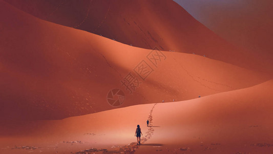 登山者爬上红沙漠的沙丘数字艺术风背景图片