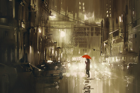 红色雨伞穿过街道雨季夜i图片