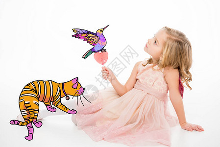 星空棒棒糖有棒糖的可爱小女孩坐在手牵着猫和小插画