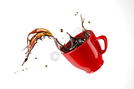红色杯子在咖啡上跳跃白色背景被孤立图片