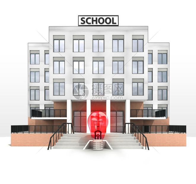现代校舍前的红灯泡插画图片