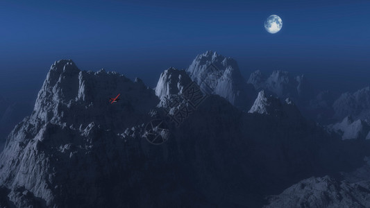 月光下冬山风景的单引擎飞机在冬图片