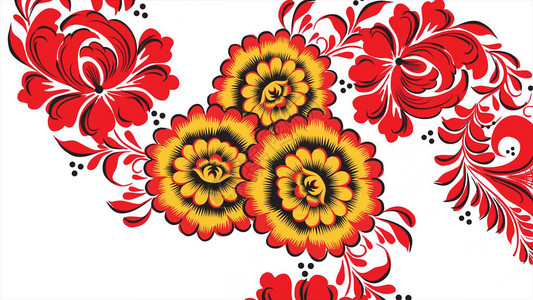 在白色背景上画出鲜艳的红色花朵和浆果的Khokhloma俄罗斯抽象的分形变换背景白色背景上的红色Kho图片