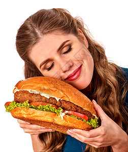 女孩快乐笑拿着大汉堡图片