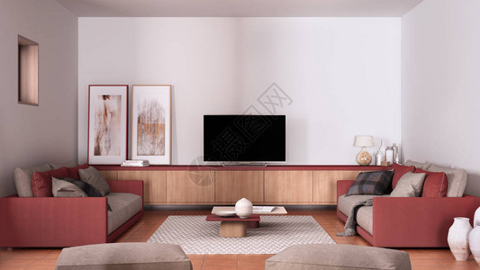 舒适的和米色配有沙发和枕头休息室地毯咖啡桌毯子坐垫凳和装饰品电视柜赤土瓷砖地板图片