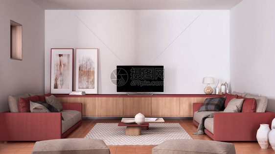 舒适的和米色配有沙发和枕头休息室地毯咖啡桌毯子坐垫凳和装饰品电视柜赤土瓷砖地板图片