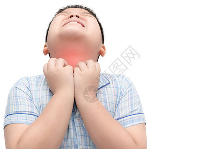 喉咙痛的肥胖子颈部被孤立在白种背景上图片