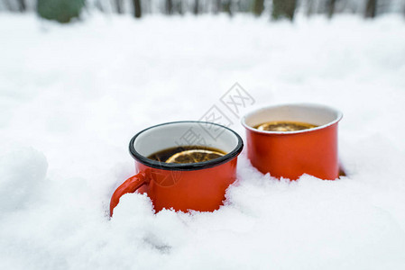 两杯柠檬茶站在白雪皑的森林树木附近图片