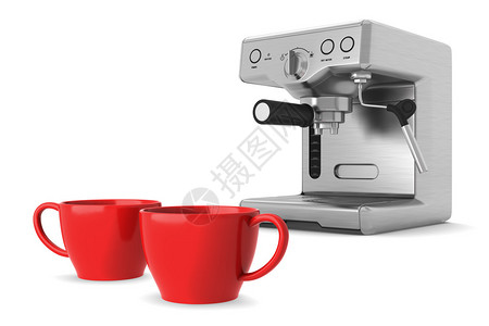 两个红色杯子和咖啡机在白图片