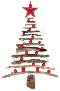 抽象的漂木圣诞树上面有红星和白色图片