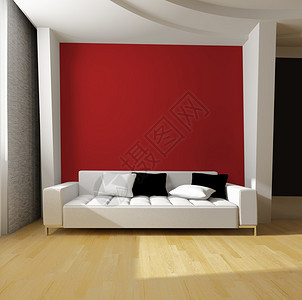 红墙背景上的白色沙发图片