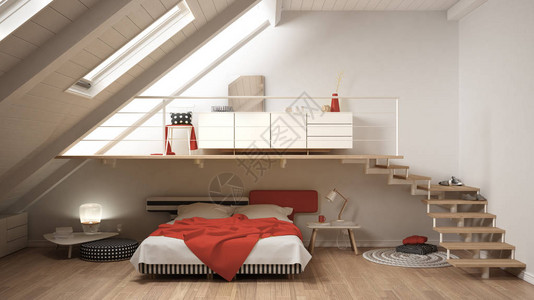 阁楼夹层斯堪的纳维亚简约卧室白色和红色图片