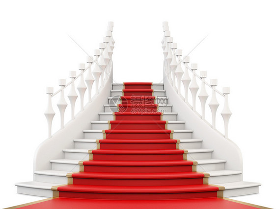 红色地毯的楼梯被白色背景隔开前图片