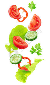 西红柿黄瓜红铃椒和生菜叶片新鲜沙拉成分图片