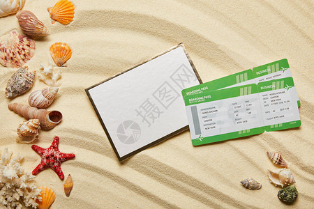 飞机票和沙壳上贝壳附近空白标图片