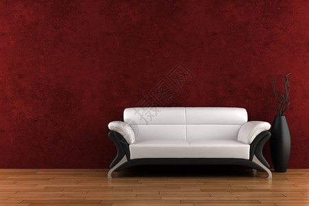红墙前的白沙发和干木花瓶图片