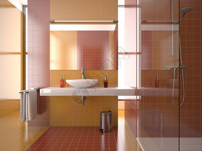 带有红色和橙色瓷砖的现代浴室图片