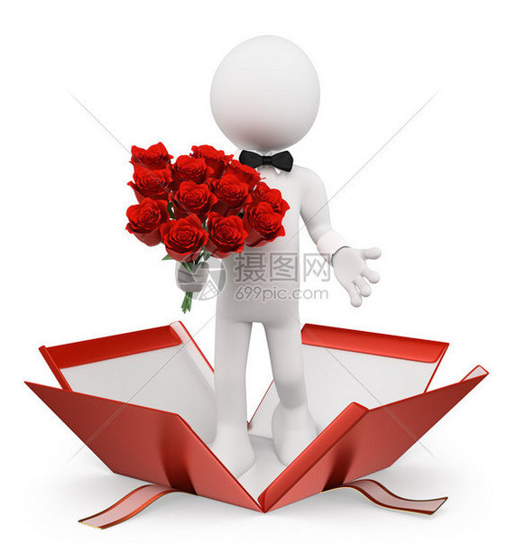 3个白人情人节带着一束玫瑰花的男人从礼物里涌出来孤图片