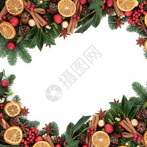 圣诞背景与肉桂香料干橙水果易腐装饰品荷丽和冬绿色交织在一起图片