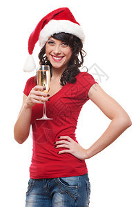 穿着圣塔帽的快乐女人拿着香槟杯子孤立图片