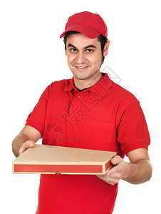 穿红制服的男孩送披萨盒孤立图片
