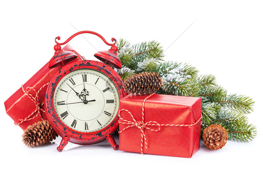 圣诞礼品盒和时钟在白色背景上被隔离图片