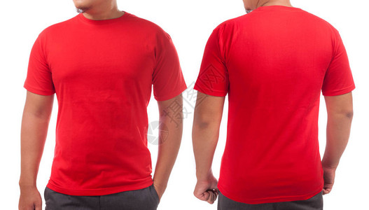 孤立男穿纯红色衬衫样机恤设计模板用于打印的背景图片