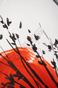 红色日光和树枝的日本绘画图片