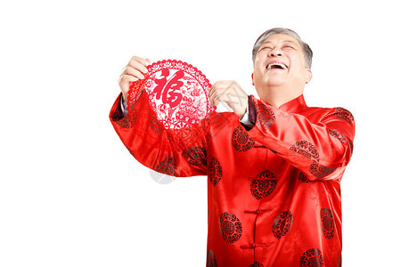 中文男子在国语中的肖像手势纸剪和红包的字只表示祝背景图片