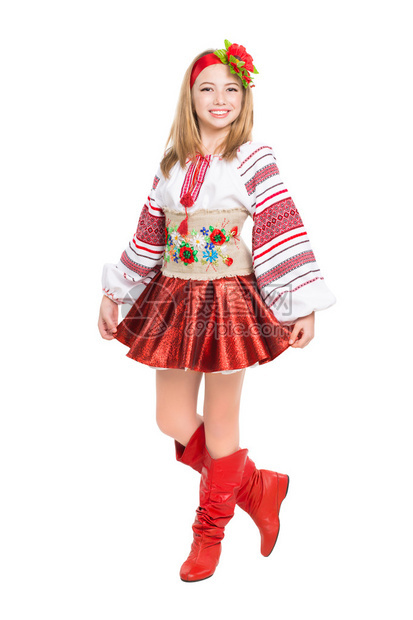 穿着乌克兰民族服装的快乐小女孩孤图片