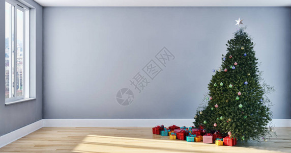 带有圣诞树3D插图的现代明亮室内公图片