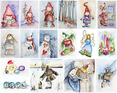 圣诞快乐童话故事概念水彩手工绘画的插图图片